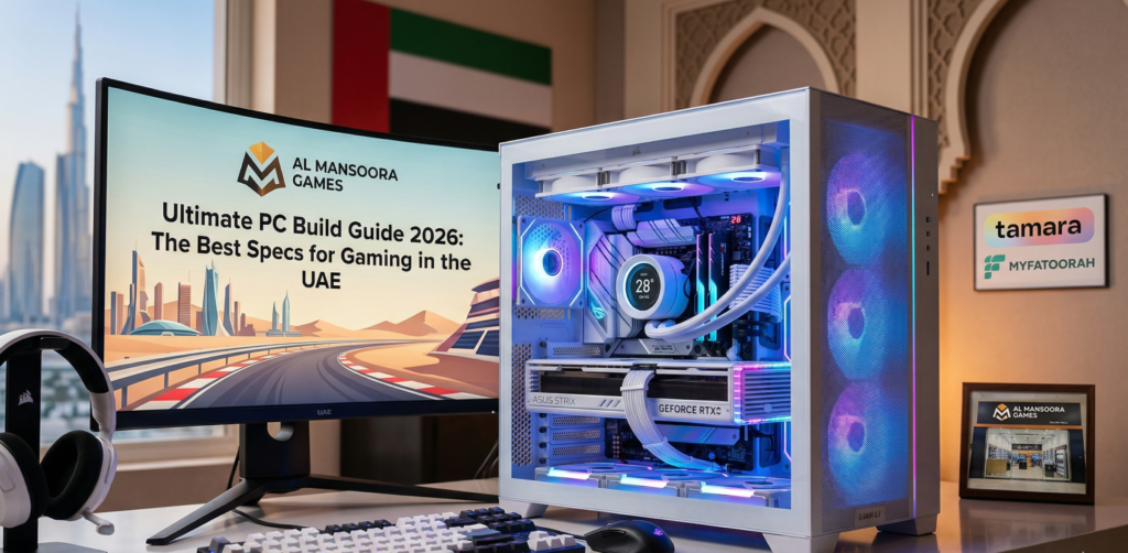 A high-end custom gaming PC with white components and RGB lighting on a desk. The computer monitor displays the Al Mansoora Games logo and the headline "Ultimate PC Build Guide 2026: The Best Specs for Gaming in the UAE." The background features subtle UAE-themed decor and logos for Tamara and MyFatoorah payment methods.