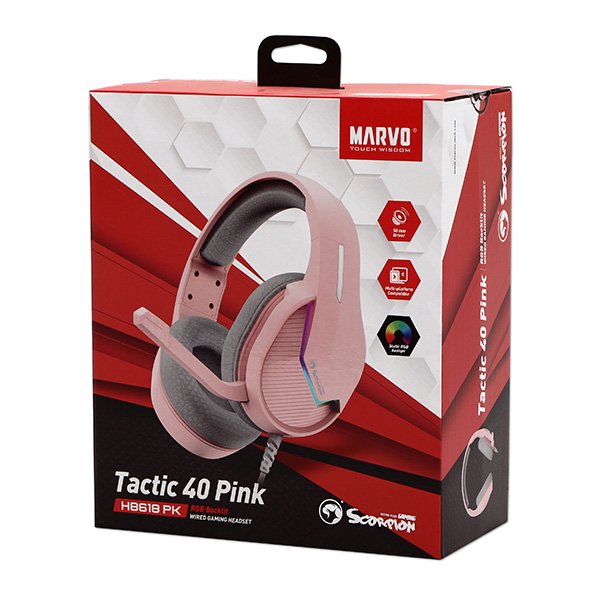 Marvo TACTIC 40 headphones with microphone, wire, pink, 2.0, backlighted, USB 7 Marvo TACTIC 40 headphones with microphone, wire, pink, 2.0, backlighted, USB - Image 7