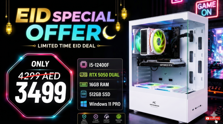 Al Mansoora Games Eid Special Offer YouTube thumbnail showcasing a white ARGB gaming PC rig. Text highlights key specifications including i5-12400F, RTX 5050 Dual, 16GB RAM, and 512GB SSD, with a discounted promotional price of 3499 AED.