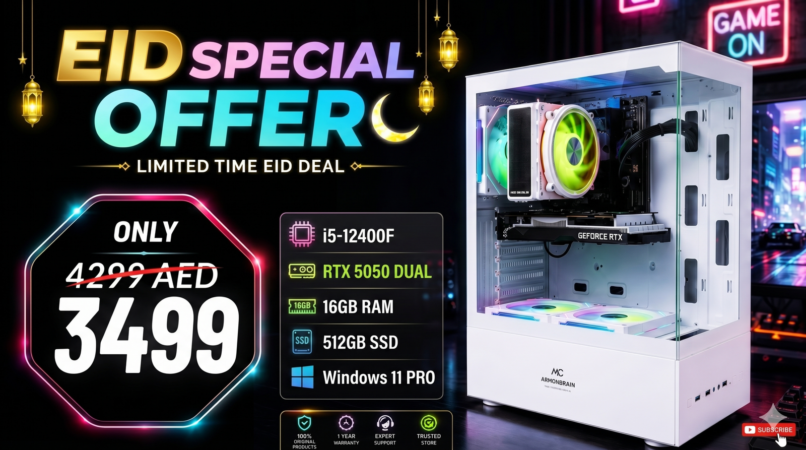 Celebrate Eid Al Adha with the Ultimate Gaming Upgrade 1 Al Mansoora Games Eid Special Offer YouTube thumbnail showcasing a white ARGB gaming PC rig. Text highlights key specifications including i5-12400F, RTX 5050 Dual, 16GB RAM, and 512GB SSD, with a discounted promotional price of 3499 AED.