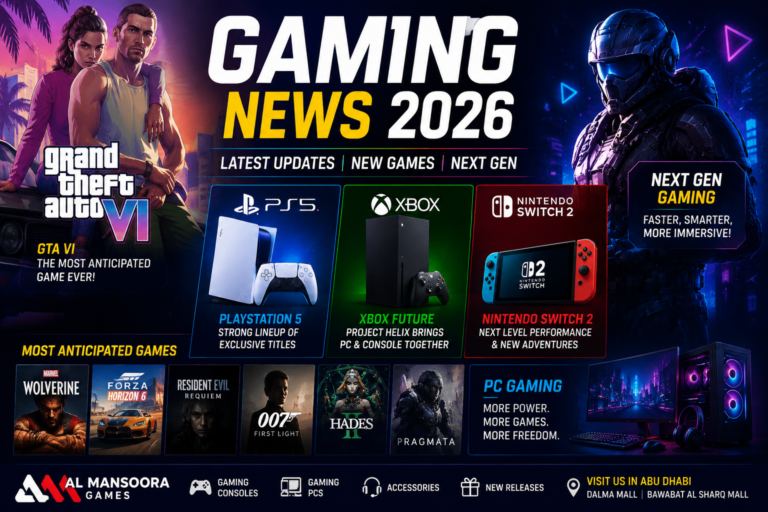 Gaming News 2026 poster featuring GTA VI, PS5, Xbox, Nintendo Switch 2, and upcoming games with Al Mansoora Games branding.