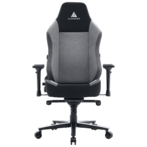 ACEGEEK ONYX ergonomic fabric gaming chair in black and grey with adjustable 4D armrests, lumbar support cushion, magnetic neck pillow, and reclining backrest.