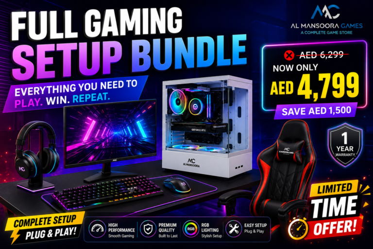 Promotional gaming setup advertisement from Al Mansoora Games featuring a complete gaming bundle. The image showcases a white RGB gaming PC, a 24-inch gaming monitor displaying a neon futuristic scene, an RGB mechanical keyboard, gaming mouse, headset, large mouse pad, ergonomic gaming chair, and gaming desk. Bold text highlights a special offer reducing the price from AED 6,299 to AED 4,799, with savings of AED 1,500. Additional callouts emphasize high performance, premium quality, RGB lighting, easy setup, and a 1-year warranty. The design uses vibrant blue, purple, and pink neon effects against a dark futuristic background.