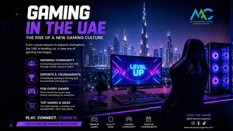 Discover the growing gaming culture in the UAE, from esports and tournaments to gaming communities, consoles, and the latest games at Al Mansoora Games.