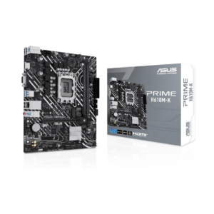ASUS PRIME H610M-K D4 ARGB motherboard – Intel LGA1700, DDR4 up to 64GB, PCIe 4.0, HDMI 4K, Aura Sync RGB headers. Supports 12th/13th/14th Gen Intel Core.