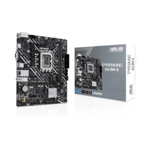 ASUS PRIME H610M-K D4 ARGB motherboard – Intel LGA1700, DDR4 up to 64GB, PCIe 4.0, HDMI 4K, Aura Sync RGB headers. Supports 12th/13th/14th Gen Intel Core.