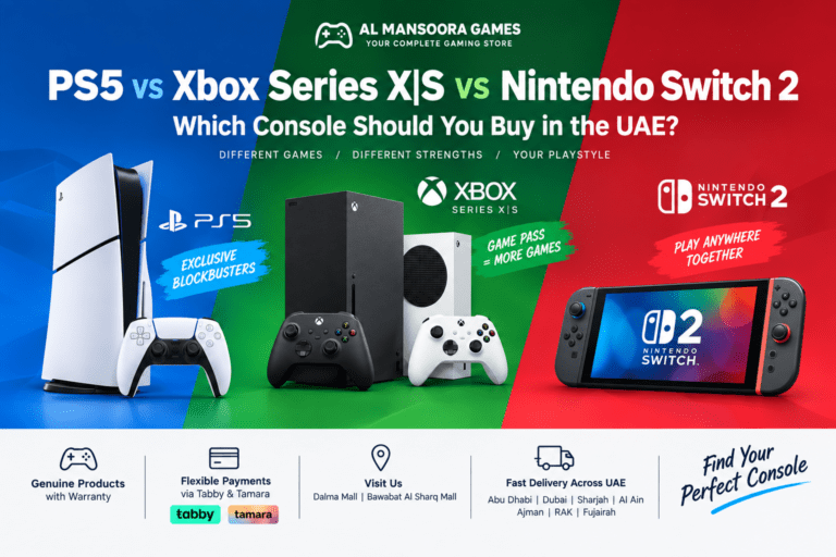 PS5, Xbox Series X|S, and Nintendo Switch 2 compared in a UAE gaming console buying guide banner by Al Mansoora Games.