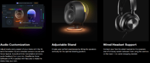 SteelSeries Arena 7 illuminated 2.1 gaming speakers. 6.5" subwoofer, RGB lighting, Bluetooth, USB-C, optical & 3.5mm. Compatible with PC, PS5, Mac & mobile. Shop UAE.

