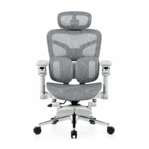 DEADSKULL ergonomic office chair shown from the back, featuring a breathable mesh backrest, adjustable headrest, split lumbar support, 6D adjustable armrests, white ergonomic frame, and chrome five-star base with caster wheels.