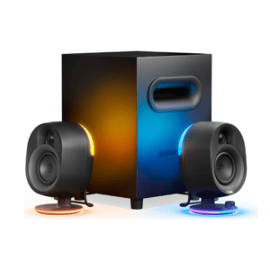 SteelSeries Arena 7 2.1 gaming speakers. 6.5" subwoofer, RGB lighting, Bluetooth, USB-C. Works with PC, PS5, Mac, mobile. Shop UAE.
