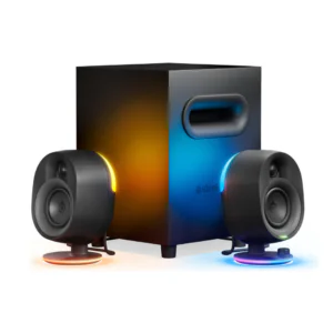 SteelSeries Arena 7 2.1 gaming speakers. 6.5" subwoofer, RGB lighting, Bluetooth, USB-C. Works with PC, PS5, Mac, mobile. Shop UAE.