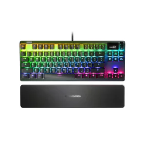 SteelSeries Apex 7 TKL mechanical gaming keyboard. Red linear switches, OLED Smart Display, aircraft-grade aluminum, RGB, magnetic wrist rest. Shop UAE.