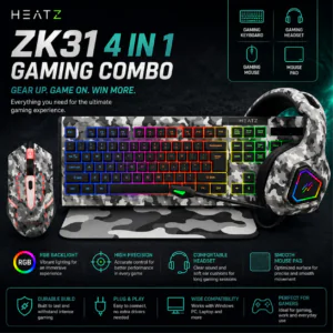 HEATZ ZK31 4-in-1 gaming combo set, camouflage RGB keyboard, mouse, headset, mousepad