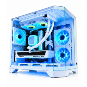 Custom white gaming PC with GIGABYTE GeForce RTX graphics card, blue RGB fans, white liquid cooling, tempered glass case, and clean cable management on a white background.