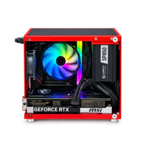 Glossy red compact gaming PC with an open-frame design, RGB-lit cooling fan, GeForce RTX graphics card, LIAN LI SP850 power supply, and black mesh top, photographed on a clean white background.