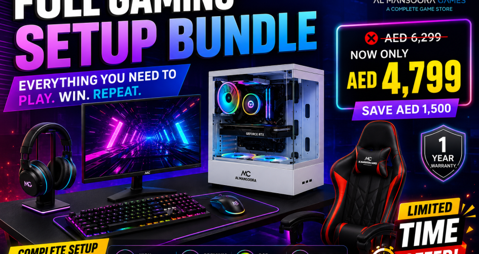 Promotional gaming setup advertisement from Al Mansoora Games featuring a complete gaming bundle. The image showcases a white RGB gaming PC, a 24-inch gaming monitor displaying a neon futuristic scene, an RGB mechanical keyboard, gaming mouse, headset, large mouse pad, ergonomic gaming chair, and gaming desk. Bold text highlights a special offer reducing the price from AED 6,299 to AED 4,799, with savings of AED 1,500. Additional callouts emphasize high performance, premium quality, RGB lighting, easy setup, and a 1-year warranty. The design uses vibrant blue, purple, and pink neon effects against a dark futuristic background.