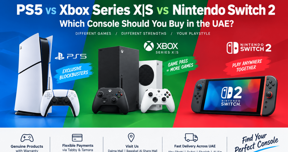 PS5, Xbox Series X|S, and Nintendo Switch 2 compared in a UAE gaming console buying guide banner by Al Mansoora Games.
