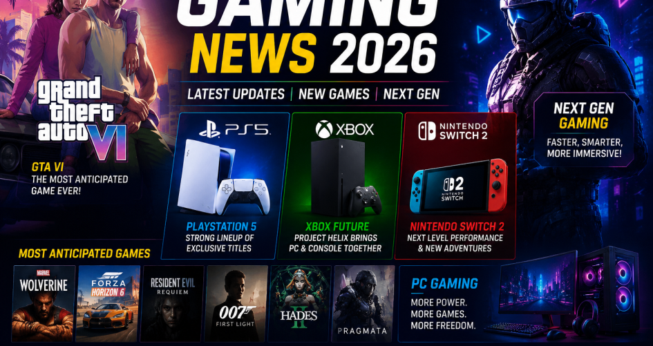 Gaming News 2026 poster featuring GTA VI, PS5, Xbox, Nintendo Switch 2, and upcoming games with Al Mansoora Games branding.